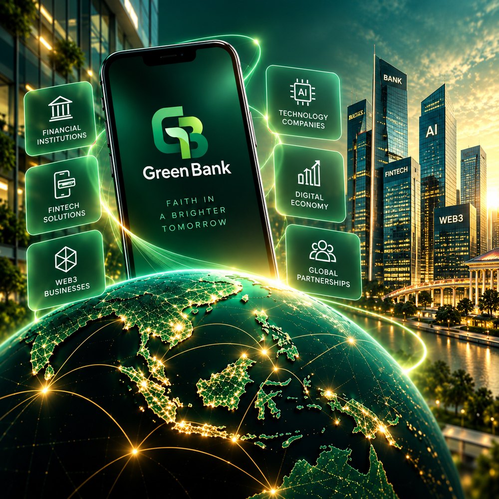 The Green Bank app on a phone showing the GB logo, surrounded by financial institutions, fintech solutions, Web3 businesses, technology companies, digital economy and global partnerships cards, above a lit globe with a city skyline behind.