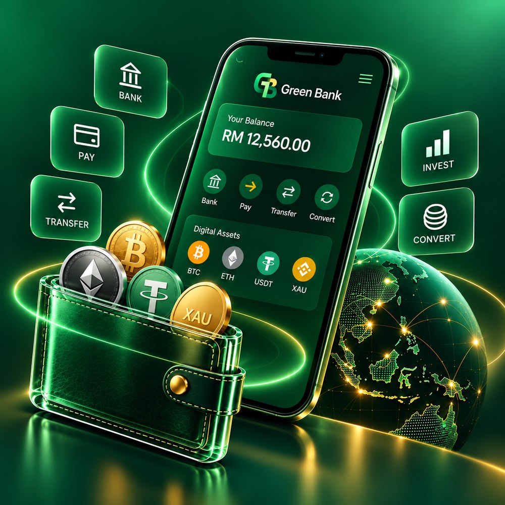 The Green Bank app showing a balance with bank, pay, transfer and convert actions and digital asset holdings, beside a green wallet of coins and a lit globe.