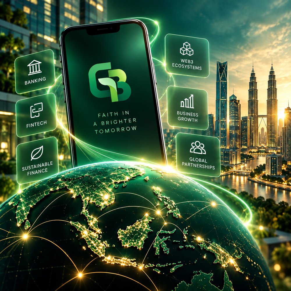 The Green Bank app on a phone showing the GB logo, surrounded by banking, fintech, sustainable finance, Web3 ecosystems, business growth and global partnerships cards, above a lit globe with the Kuala Lumpur skyline behind.
