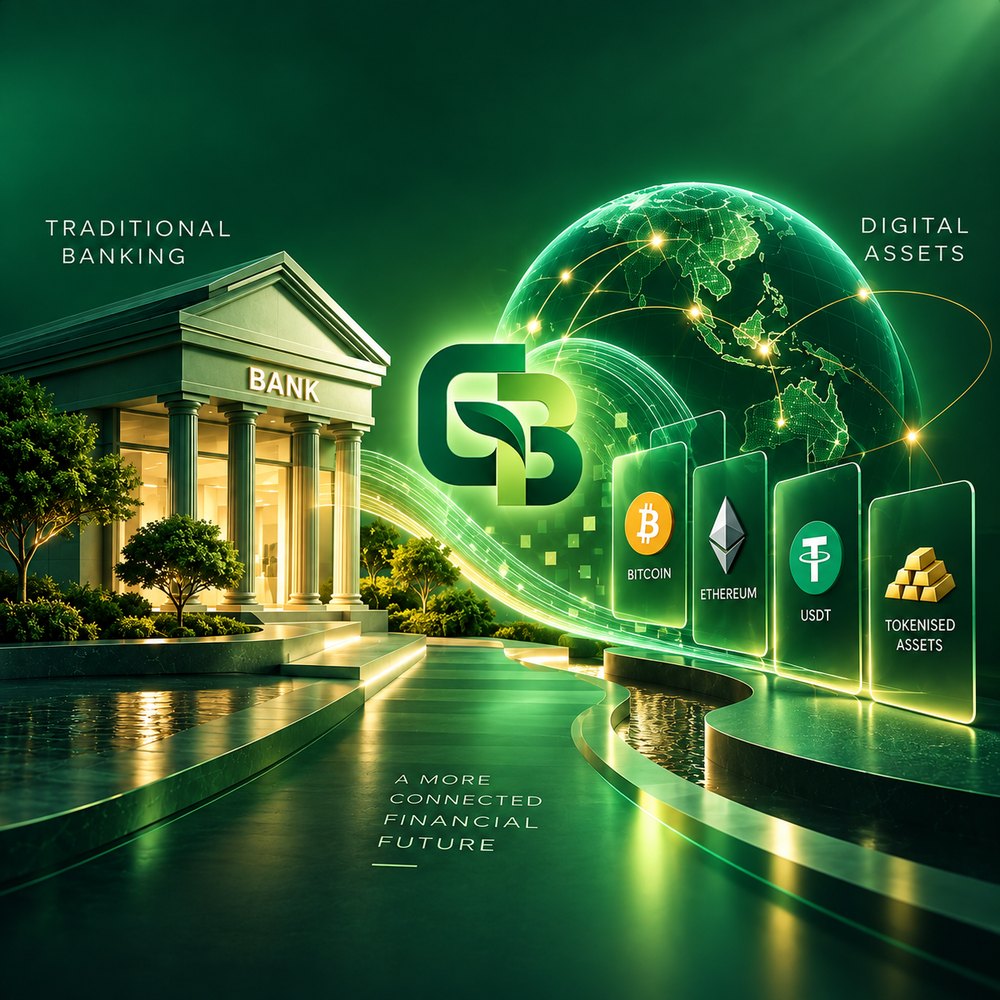 A traditional bank building on the left connected by a light trail through the Green Bank GB mark to a globe and digital asset cards on the right.