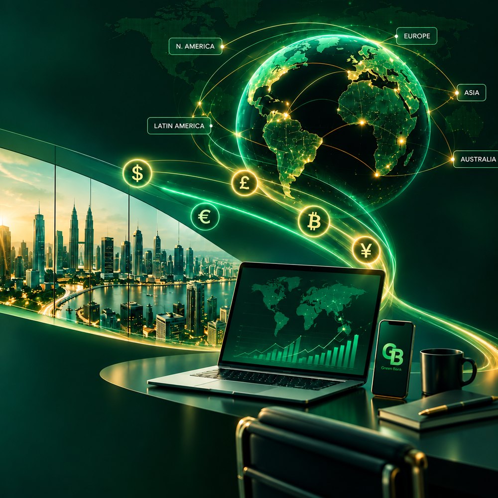 A laptop and a phone showing the Green Bank GB mark on a desk beside a city skyline, with currency symbols flowing to a connected globe labeled with world regions.