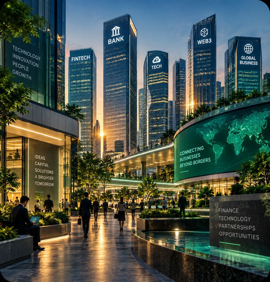 A city business district at dusk with towers marked Bank, Fintech, Tech, Web3 and Global Business, and people walking a plaza below a Connecting Businesses Beyond Borders screen.