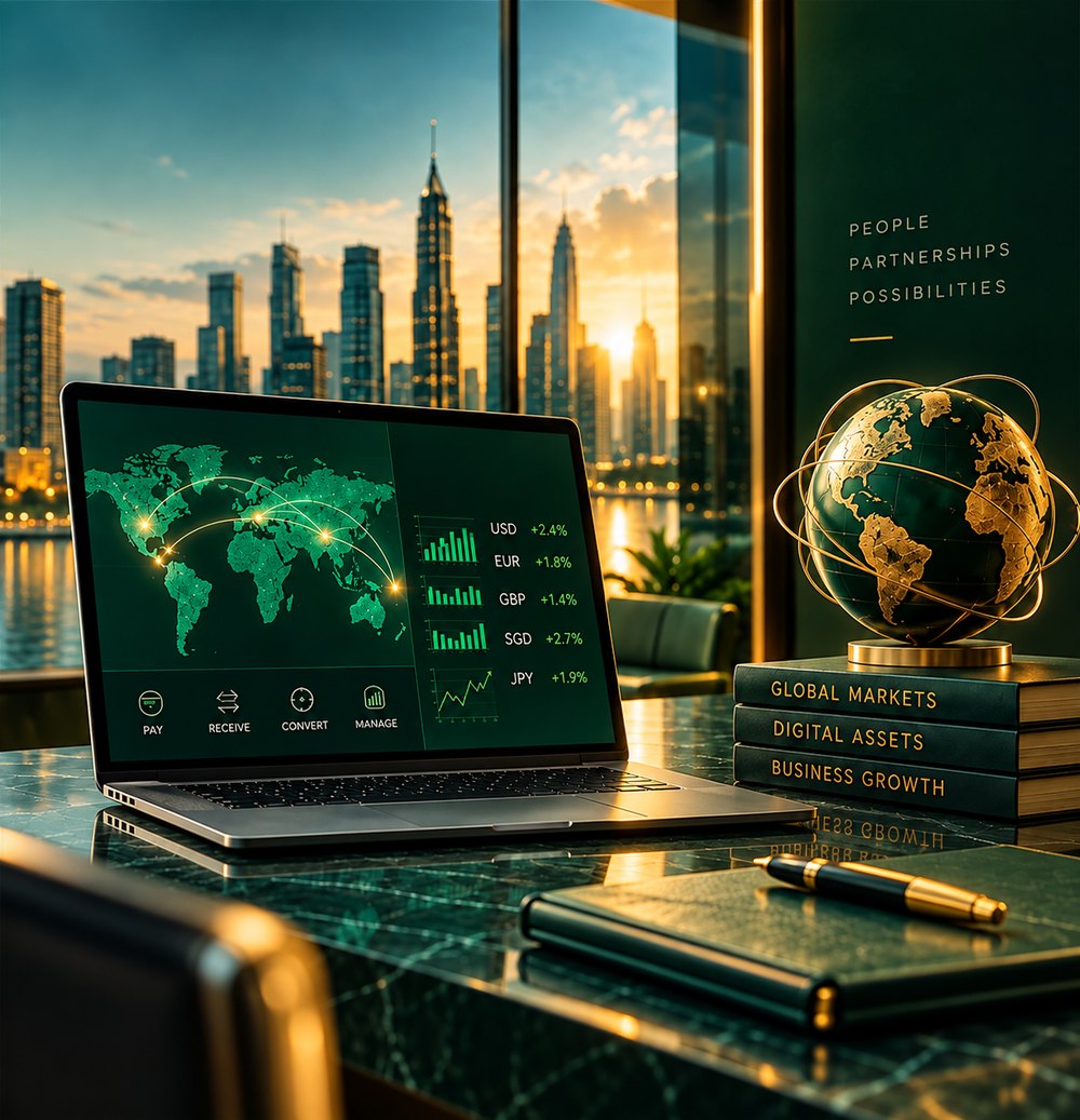 A laptop showing global markets and currency performance on a marble desk, with a gold globe on books labeled Global Markets, Digital Assets and Business Growth, a city skyline at sunset, and a People, Partnerships, Possibilities wall behind.